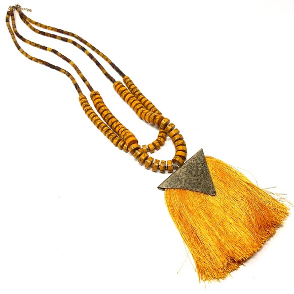 Anthropologie Jewelry - New Anthropologie Tassel Triangle Pendant Necklace Orange Fringe